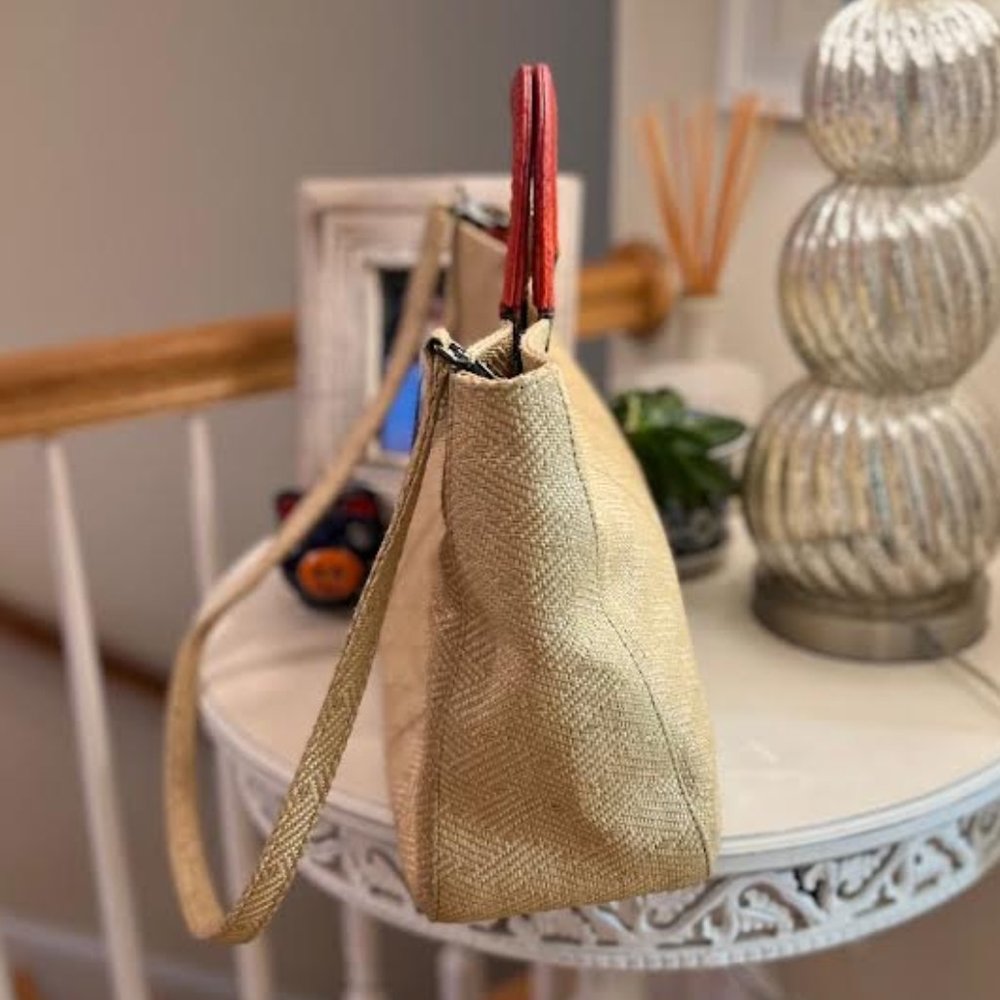 Rare Kotur Mortimer Balinese Straw Tote With Orange Snakeskin Sueded Handles View 4